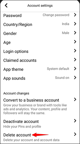 حذف حساب کاربری پینترست