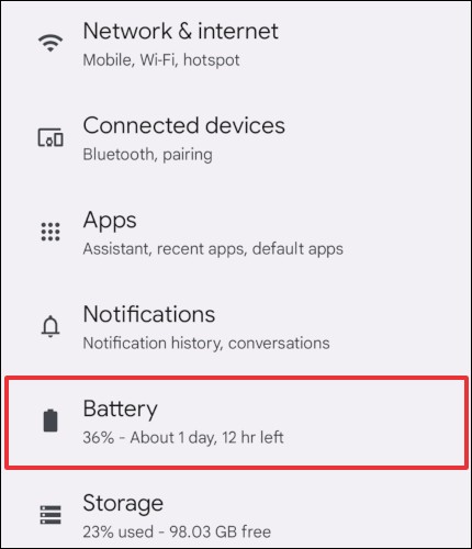 نمایش درصد باتری در گوشی‌های پیکسل" گزینه Battery در تنظیمات