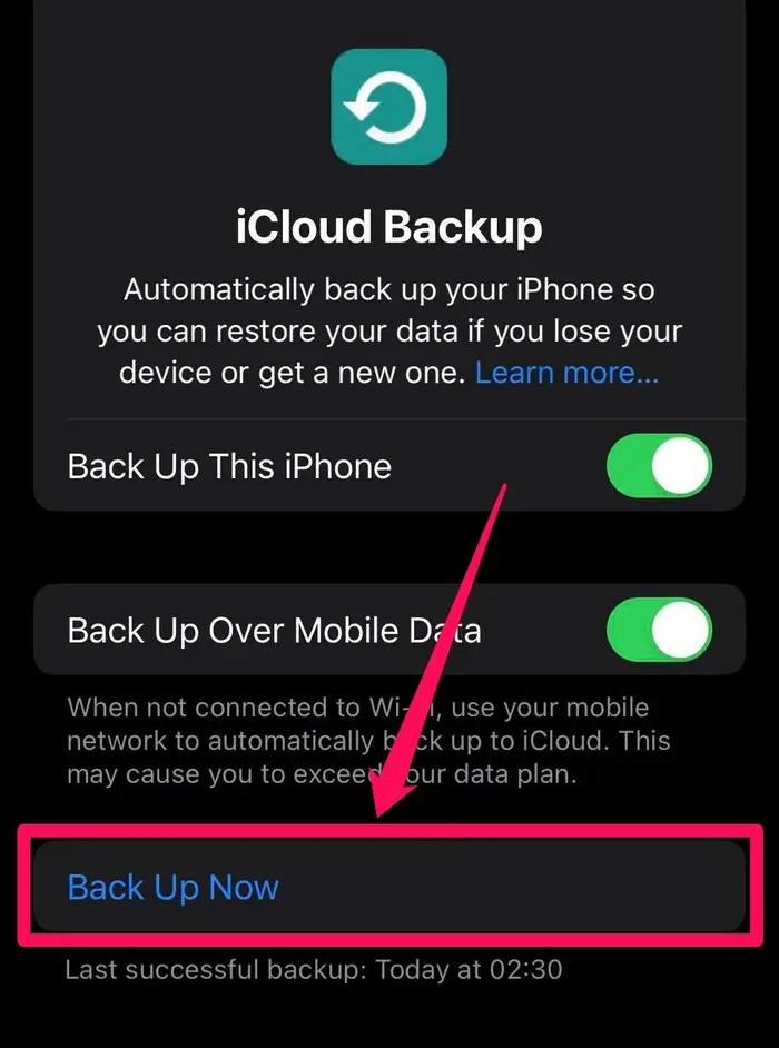 انتخاب گزینه Back Up Now