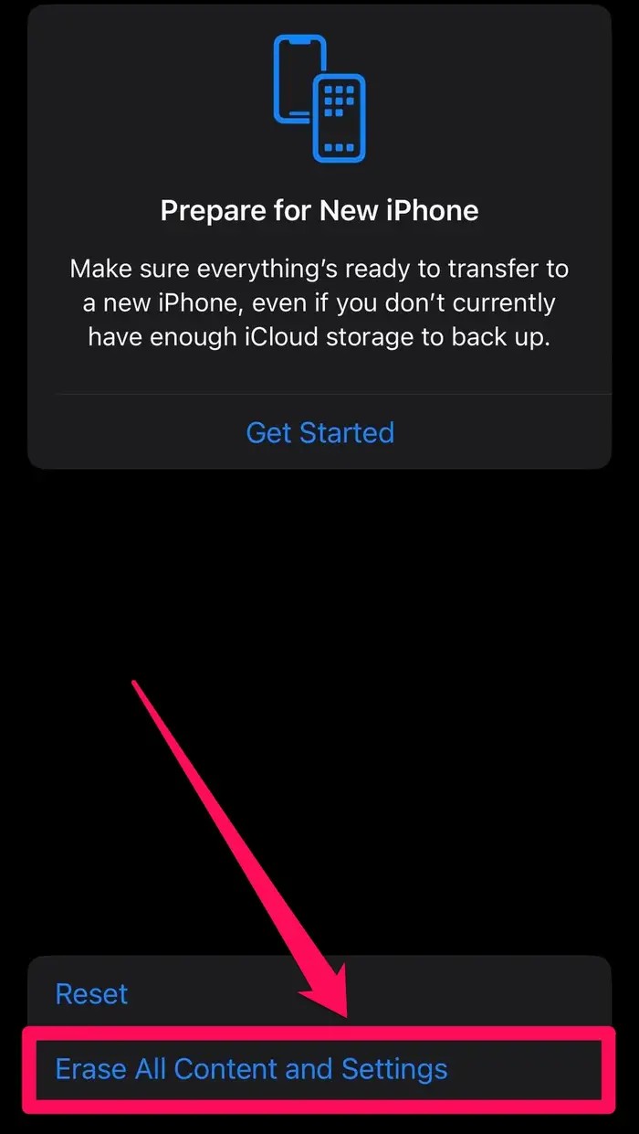 در پایین صفحه روی Erase All Content and Settings ضربه بزنید