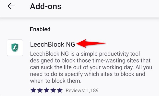 از تنظیمات افزونه فایرفاکس، افزونه LeechBlock را انتخاب کنید