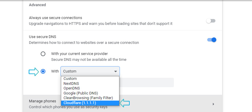 قرار دادن DNS کروم روی Cloudflare