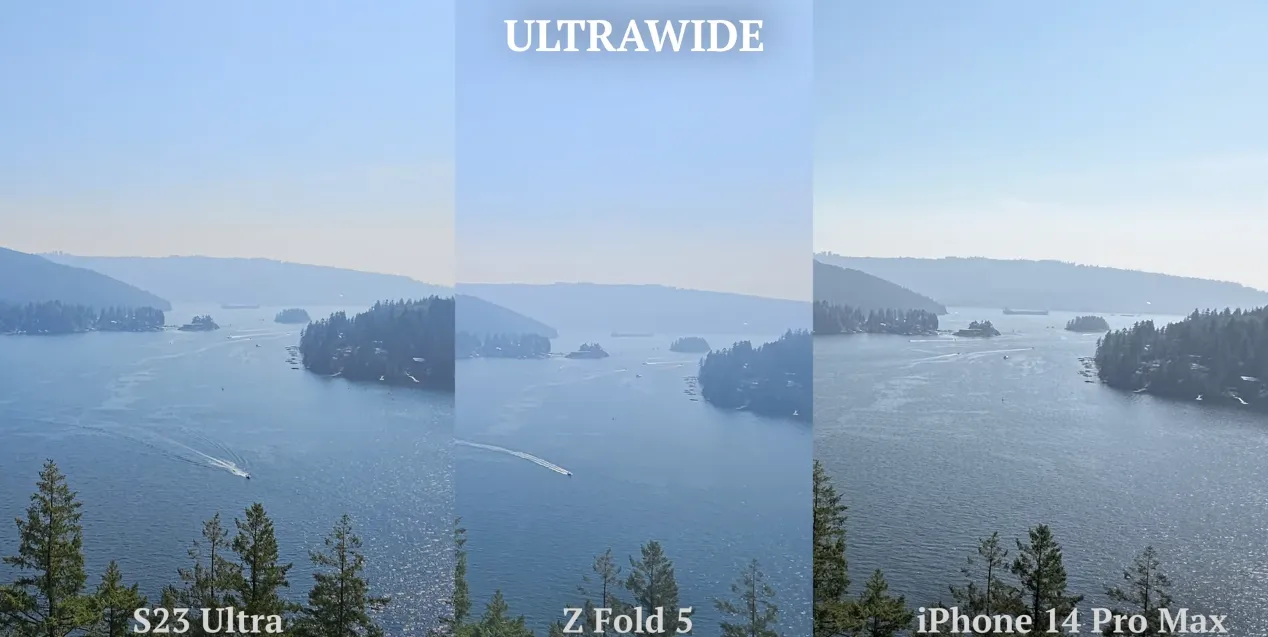 مقایسه نمونه عکس گرفته شده با لنز اولترا واید در زد فولد 5 و S23 Ultra و آیفون Pro Max 14