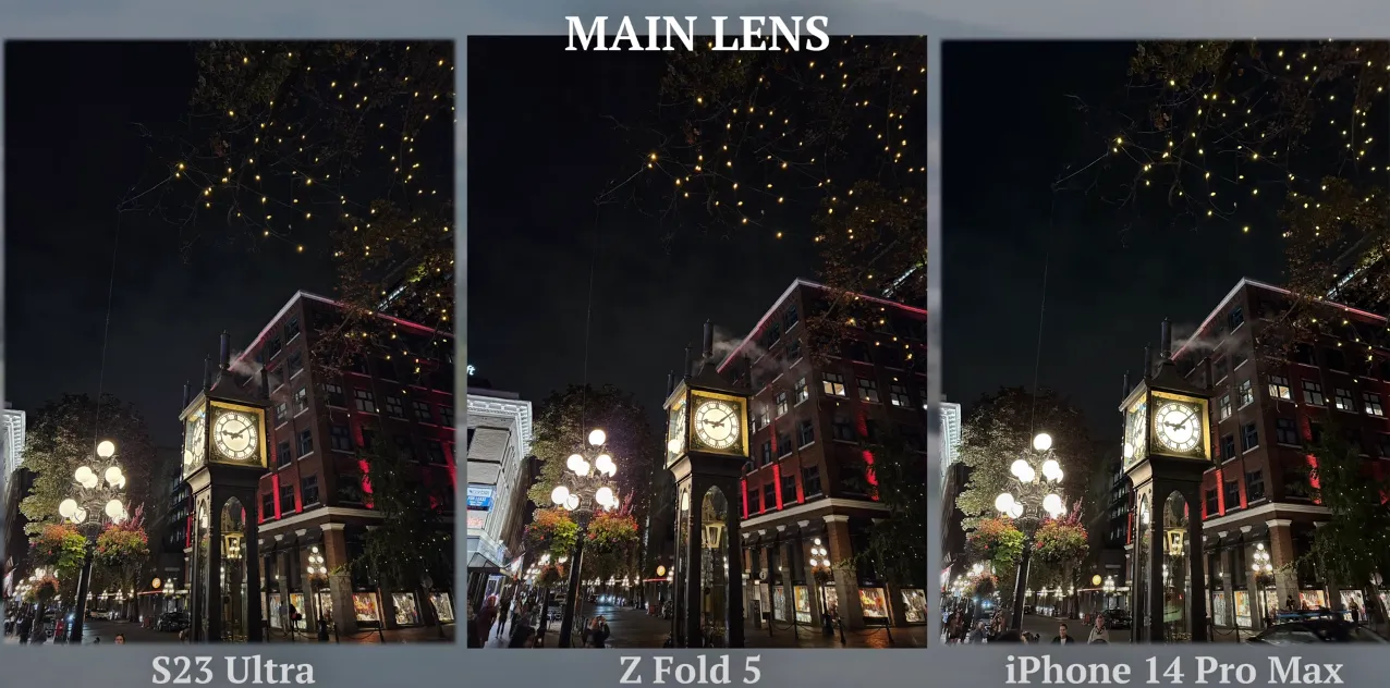 مقایسه نمونه عکس گرفته شده با لنز اصلی در شب با زد فولد 5 و S23 Ultra و آیفون پرو مکس 14